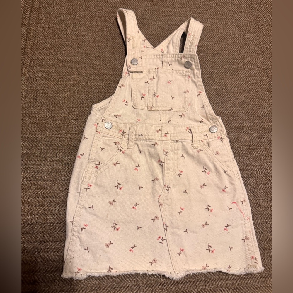 Old Navy Cream Overall Dress with Pink Floral Print